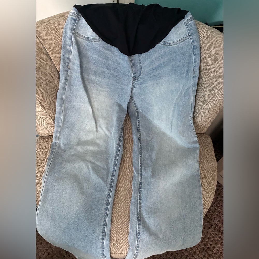 Light Blue Straight Leg Maternity Jeans with Black Panel